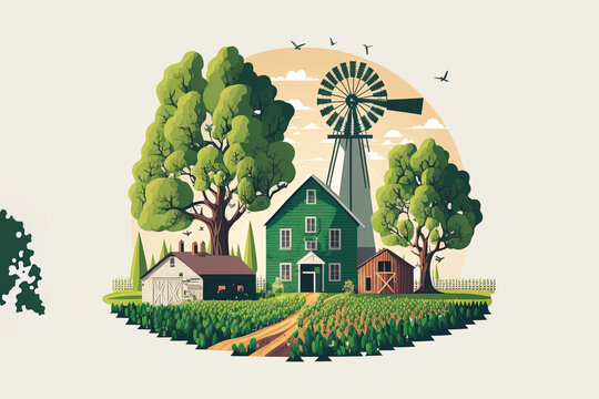 Landscape of a farm with a barn or hangar, a windmill, a silage tower, a grass, and a green garden. Summertime farmland Concept of organic farming. flat image with rough edges, isolated on whit