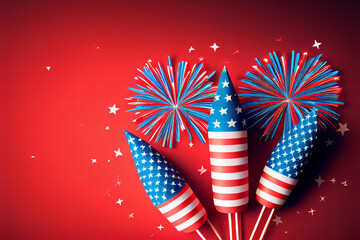 4th of July fireworks on red background Independence Day banner - generative ai