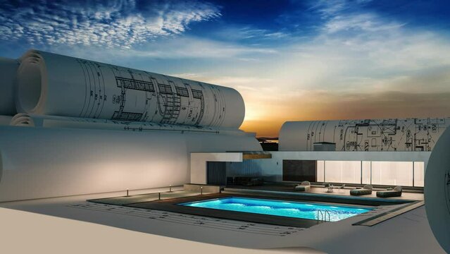 Bauplannung an einem Bungalow mit Swimmingpool in moderner Architektur (Sonnenuntergang im Hintergrund) - 3D Visualisierung mit Video-Hintergrund