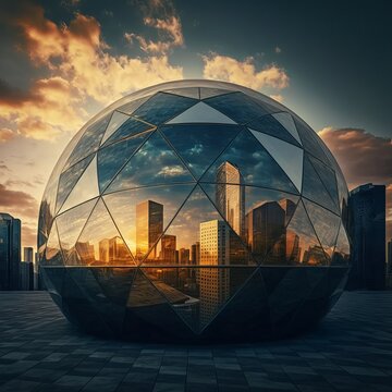 Geodesic dome in a big city with skyscrapers.