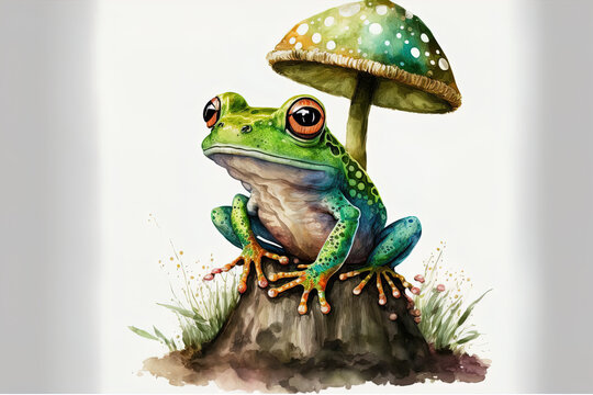 Frog on mushroom in watercolor. painted frogs. Baby shower, T shirt, and frog paint clip art isolated on white backdrop. There is clipping route here. Generative AI