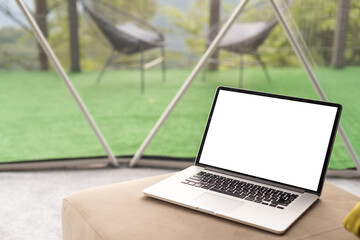 laptop in the dome camping