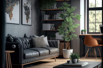 The chic arrangement of the living room's interior has a gray sofa with a modern design, a wooden coffee table, a workstation, and attractive personal accessories. Industrial interior with a loft. Dec