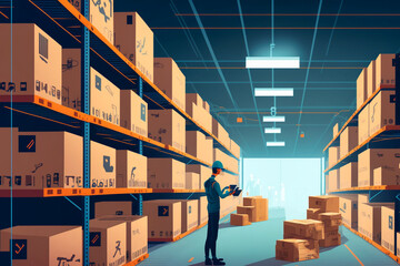 Futuristische Technologie im Warenhaus: Logistik Arbeiter macht Inventur, Illustration