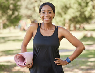 Portrait of black woman in park with yoga mat and smile in nature for health and fitness mindset...