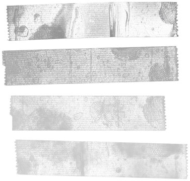 real macro photo of four transparent sticker strips isolated with dust and oily fingerprint marks, poster elements.