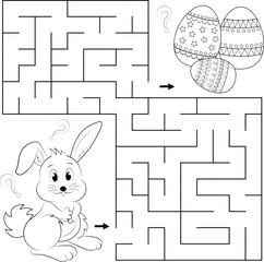 Little rabbit and decorated Easter eggs in a basket. Maze game for kids. coloring book