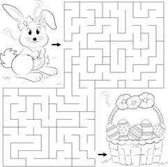Little rabbit and decorated Easter eggs in a basket. Maze game for kids. coloring book