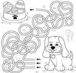 Puzzle game dog and bowl of easter eggs. Children's book coloring book