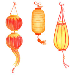 Chinese paper street lantern of different shapes, decorative elements for festive design  Illustrations 