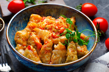 Homemade Cabbage rolls with meat, rice and vegetables also known as sarma, golubtsy, dolma on Rustic Background