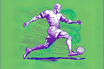 Fototapeta na wymiar On a lavender backdrop, a footballer kicks the ball. Football, a flat style outline depiction of a sport game. playing well. Soccer player with green outfit is a lone template. Line drawing
