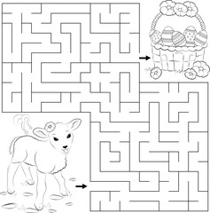 Cute lamb and a basket of Easter eggs. Coloring book for children. Puzzle