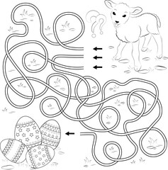 Little lamb and decorated Easter eggs. Maze game for kids. Coloring book
