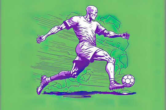 On a lavender backdrop, a footballer kicks the ball. Football, a flat style outline depiction of a sport game. playing well. Soccer player with green outfit is a lone template. Line drawing
