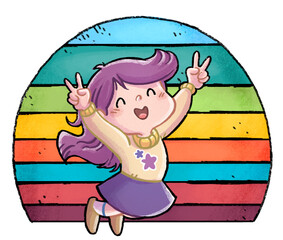 Illustration of little girl jumping and celebrating a victory