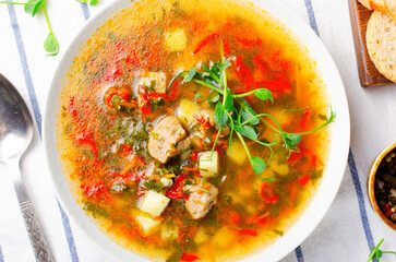 Homemade Soup with Meat and Vegeatbles, Turkey Soup in a Bowl, Comfort Food
