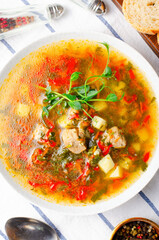 Homemade Soup with Meat and Vegeatbles, Turkey Soup in a Bowl, Comfort Food