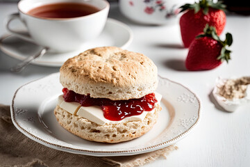 On a white wooden backdrop, homemade British scones with cream cheese, strawberry jam, and a cup of tea. Generative AI