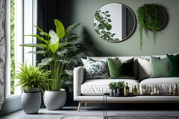 Stylish interior design for the living room with lovely indoor plants. Generative AI