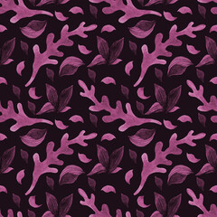 Seamless watercolor pattern with garden elements on a dark background.Summer, spring, warm season.