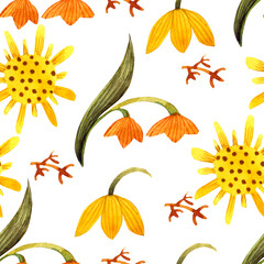 Seamless watercolor pattern with garden elements on a light background.Summer, spring, warm season.