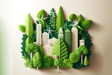 Poster Green leaf image in the paper art style with trees, city building silhouettes, windmills, and solar panels. the preservation of ecology. a green energy idea. Generative AI © 2rogan