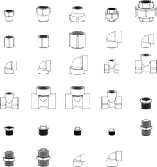 PVC threaded fittings series line drawing artwork vector, uPVC