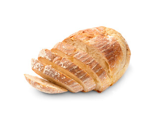 Wheat bread and slices of bread on a white background.