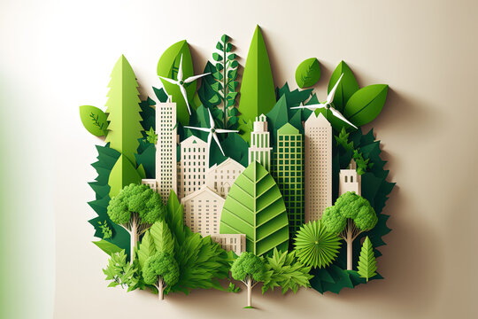 Green leaf image in the paper art style with trees, city building silhouettes, windmills, and solar panels. the preservation of ecology. a green energy idea. Generative AI