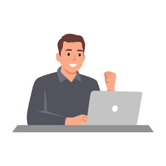 Young man success laptop relieve work from home computer . Flat vector illustration isolated on white background