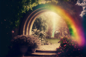 Experience the Magic of a Fantasy Garden with a Colorful Rainbow - Mythical, Imaginary, and Enchanting Visions Await