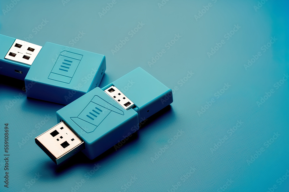 Poster usb flash drives on a blue background with space for text. generative ai