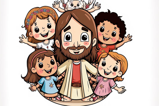 picture of Jesus with kids on a white backdrop. Generative AI