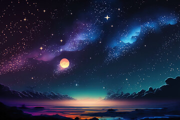 starry sky star fall nebula Orange, lavender, and blue summer night hazy seascape with spectacular clouds. Generative AI