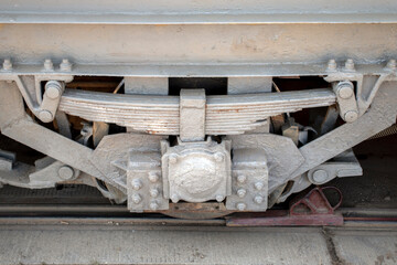 View of the sprung wheel of a rail vehicle. Rigid design of the cart with a spring. Top view of a...