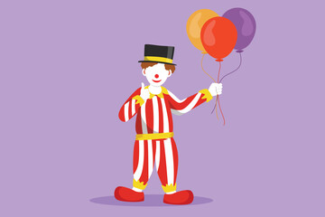 Graphic flat design drawing clown standing and holding balloons with thumbs up gesture wearing hat and clown costume ready to entertain audience in the circus arena. Cartoon style vector illustration