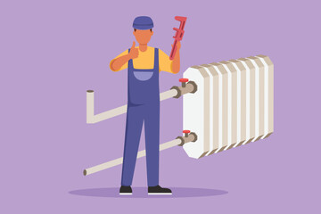 Cartoon flat style drawing plumber standing holding wrench with thumbs up gesture was ready to work on repairing the leaking drain in the sink and the houses drains. Graphic design vector illustration