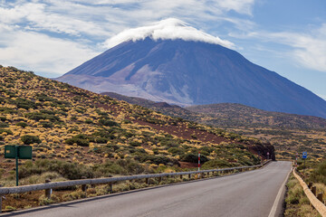 Colorful Roadside View of Mount Teide from the East, with Nearby Hills