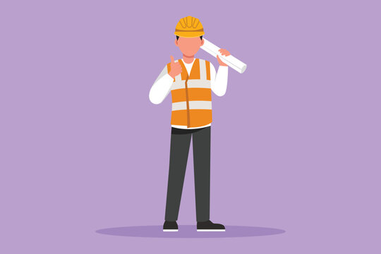 recommend clip art: Cartoon flat style drawing male architect standing holding roll of paper work with thumbs up gesture and wearing helmet carrying blueprint for building's work plan. Graphic design vector illustration