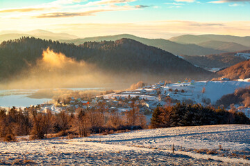 Morning sunrise in the calm mountain village, Bieszczady, Poland