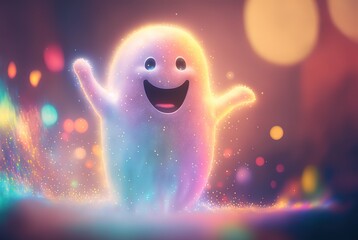 illustration of white glitter glow ghost happily dance with bokeh light