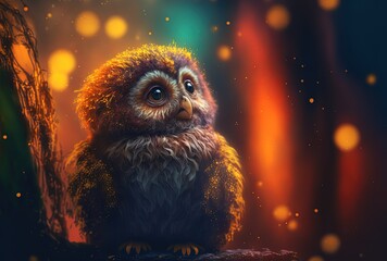 baby owl with glitter glow blurred background with copy space, idea for background 