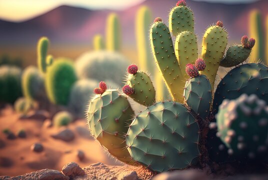 illustration closeup of beautiful cactus in desert landscape