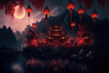 Wonderful fantasy chinese house with a decorative roof and red chinese lanterns, Chinese Lantern Festival, night scene, Generative AI