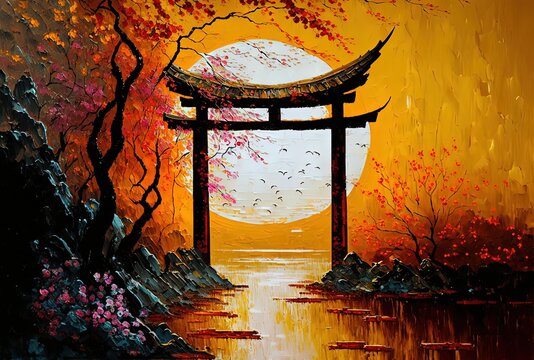 oil painting style illustration of a wooden Japanese temple gate at estuary, gate to open sea, Generative Ai