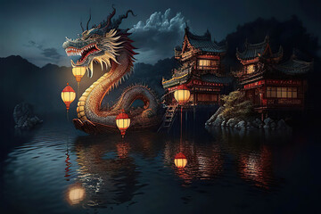 Fototapeta premium Wonderful fantasy landscape with a chinese dragon near the traditional chinese houses and the lake, glowing chinese lanterns, twilight scene, fairy tale, Generative AI