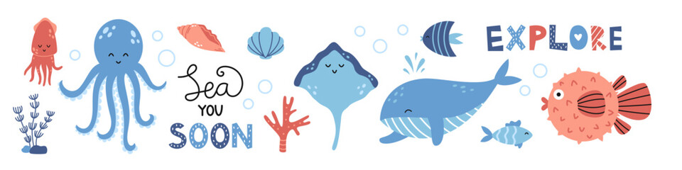 Vector marine set with friendly sea animals in flat design. Collection with cute octopus, whale, stingray, squid and other fishes. Sea you soon and explore text.