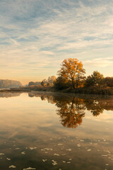 Wschód słońca. Jesienny poranek nad dziką rzeką w Polsce. Odbicia w wodzie. Wodny krajobraz....