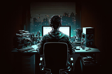 a professional programmer sits late at night at a computer. Generative AI